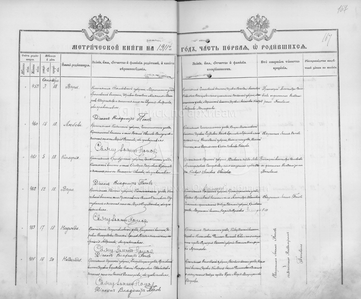 Разворот метрической книги омской церкви за 1911 год